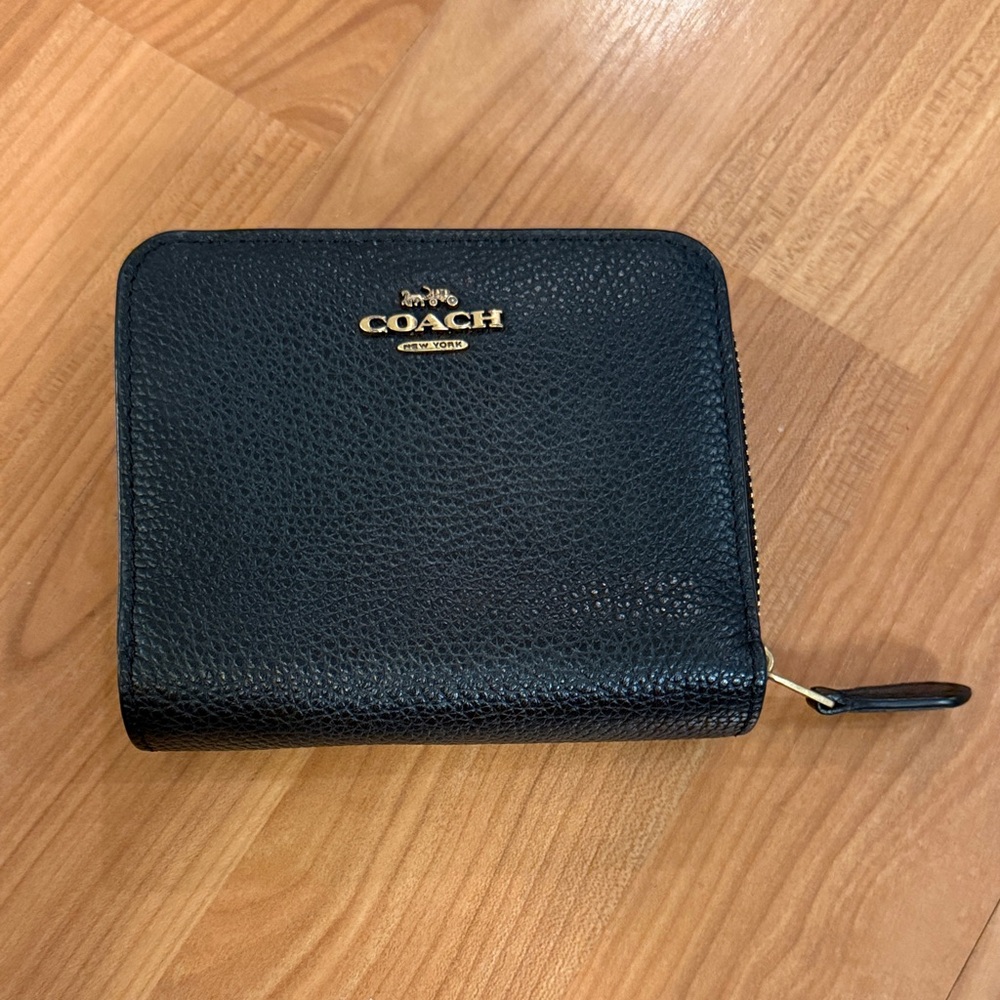 Coach Black Pebbled Leather Zip Wallet with Gold Logo